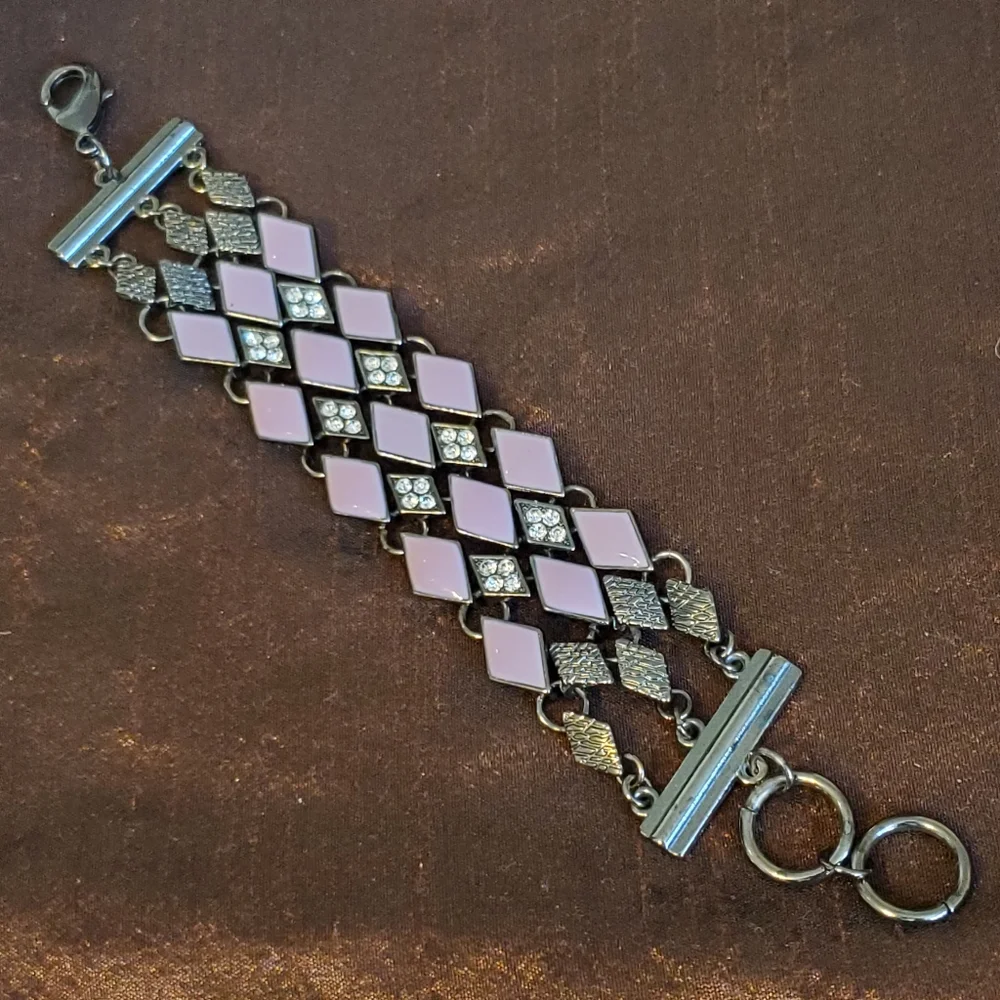Gunmetal mauve enamel diamond link bracelet with rhinestones